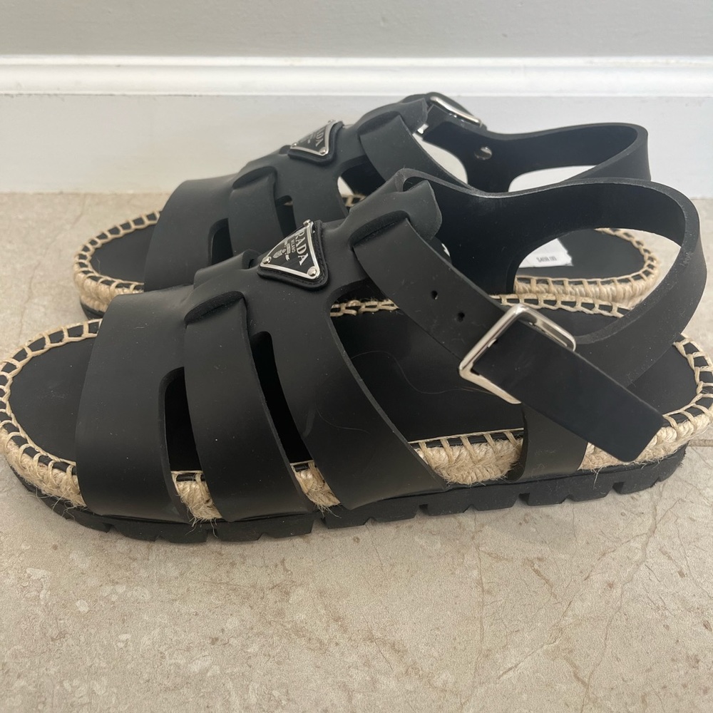 Prada New in Box Black Leather Espadrille Sandals